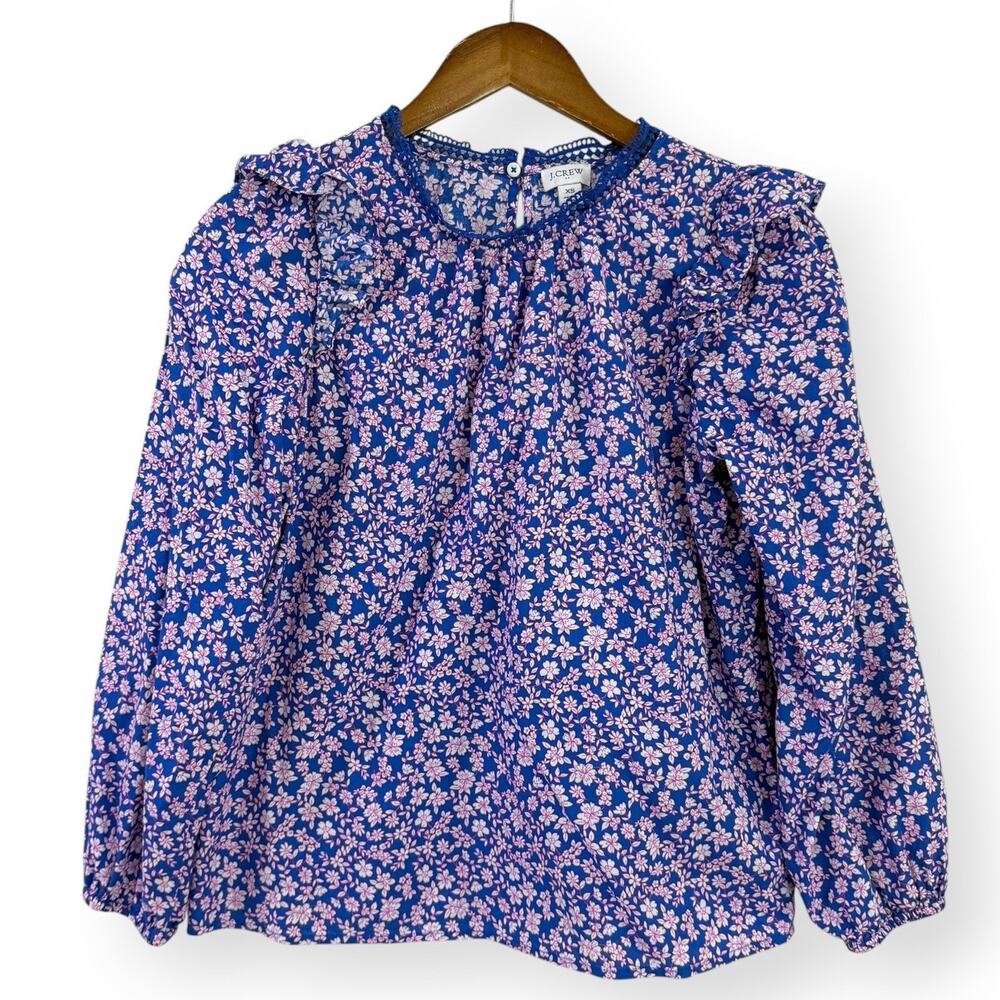 J. Crew Top Women's XS Floral Long Sleeve Ruffle Shoulder Blue Pink Cotton BF820